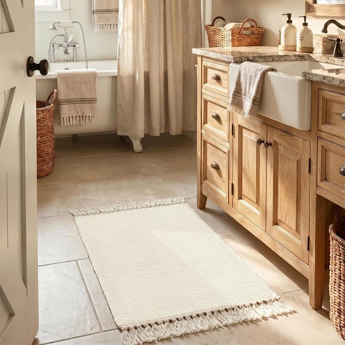 Collive Small Bathroom Rug 2' x 3', Modern Farmhouse Kitchen Rugs Hand Woven Washable Entryway Rugs, White Low Profile Front Door Mat Reversible Braided Carpet for Porch Back Bedroom Boho Decor