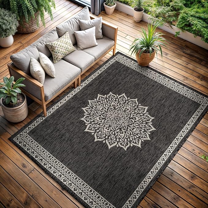 CAMILSON Outdoor Rug 5x7 Medallion Darkgray Modern Area Rugs for Indoor and Outdoor Patios Kitchen and Hallway Mats Washable Porch Deck Outside Carpet (Medallion Darkgray 5 x 7)