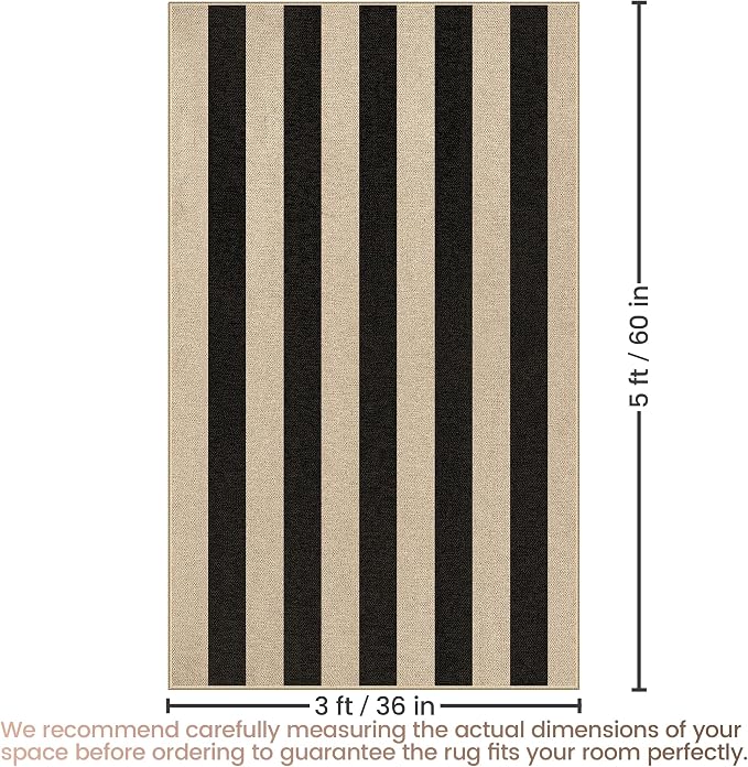 Washable Striped Easy Jute Rug, 3x5 Black Outdoor Indoor Patio Geometric Neutral Small Area Rugs, Low Pile Lightweight Non Slip Carpet Mat for Living Bedroom Entryway Front Door Farmhouse Doorway