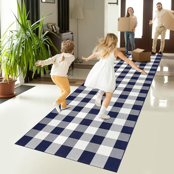 Buffalo Plaid Runner Rug 3x10 Feet Navy and White Checkered Runner Rug Cotton Woven Farmhouse Floor Mat Washable Rugs for Hallway Kitchen Laundry Bedroom Living Room