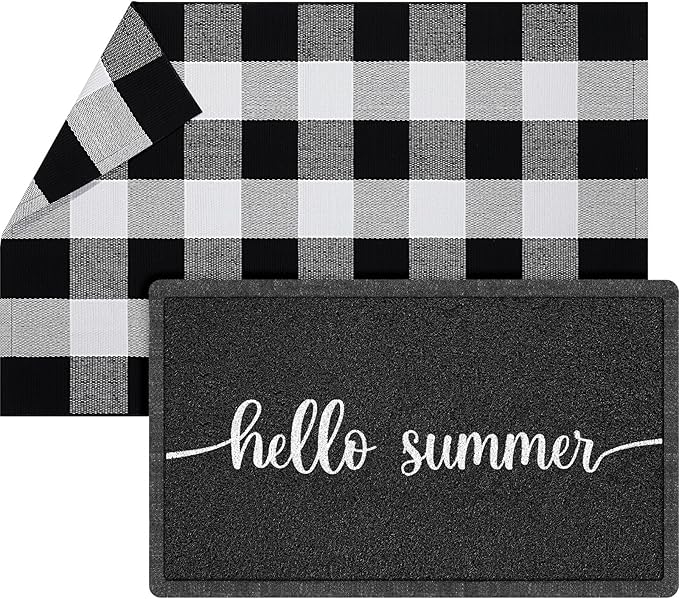 Geelin 2 Pcs 30'' x 18'' Doormat 43'' x 27.5'' Black and White Layered Rug for Front Door Mat Outside Entrance Welcome Door Mats for Indoor Outdoor Entryway Porch Decor(Hello Summer)