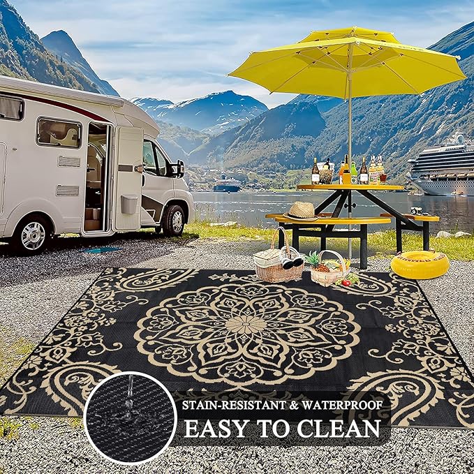 Pauwer Outdoor Rug 8x10, Waterproof Plastic Camping Rug, Boho Black Brown | Reversible Patio Rug, UV Resistant Indoor Outdoor RV Mat Carpet For Deck, Camper, Porch, Balcony, Backyard, Picnic, Foldable