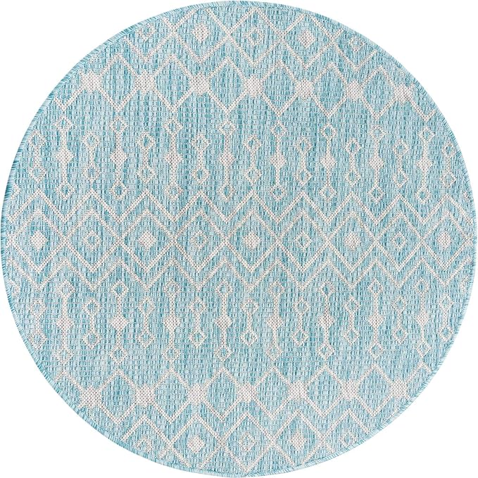 Unique Loom Outdoor Trellis Collection Area Rug - Tribal Trellis (3' 3" Round, Aqua/ Ivory)