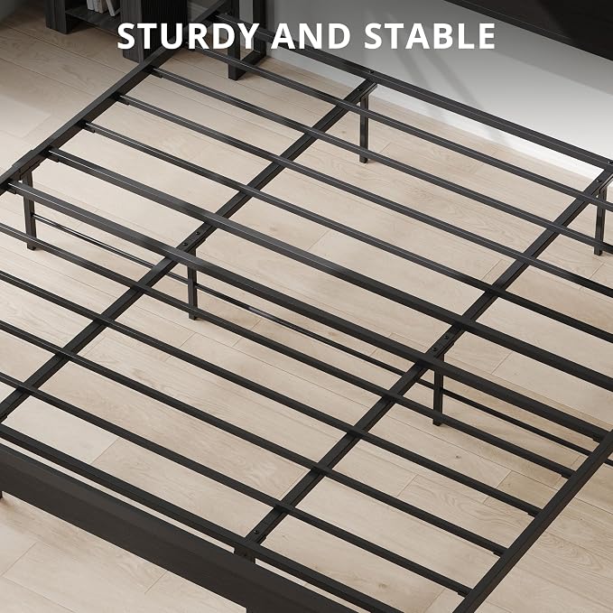LIKIMIO California King Bed Frames with 2-Tier Storage Shelf Headboard | Dark Wood Platform Bed, Camas California King with Strong Metal Supports,Sturdy,Noise-Free,No Box Spring Needed,Classic Black
