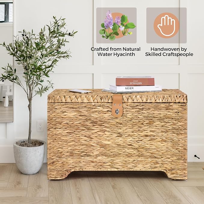 Honjourai Handwoven Storage Basket with Lid, 165L Wicker Storage Trunk | Natural Water Hyacinth Storage Chest, Leather Buckle, Metal Frame, Metal Ring Handles for Easy Transport