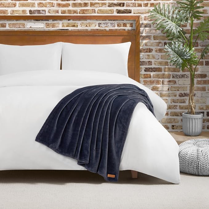 Lucky Brand Solid Plush 50"x70" Throw Blanket, Vintage Blue Indigo - Soft, Cozy, and Timeless Comfort