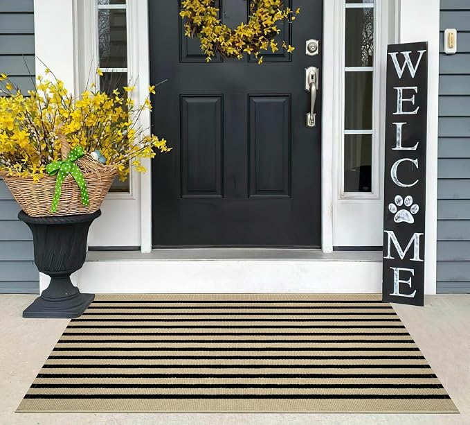 Black Khaki Striped Rug -2.3'x3.6' Front Door Mats Outdoor,Small Washable Throw Rug for Front Porch, Spring Welcome Mats Outdoor Indoor Doormat for Entryway Porch Entrance