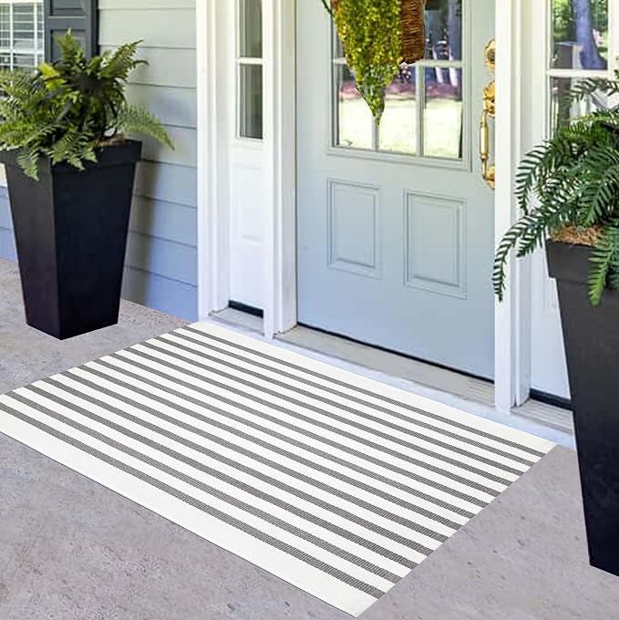 Grey and White Outdoor Rug 2'x4.3',Striped Front Porch Rug Cotton Woven Washable Indoor Outdoor Doormat Farmhouse Small Area Rug for Porch/Entryway/Home Entrance Decor