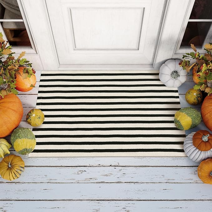 OJIA Front Door Mat 24"x35" Front Door Rug Outdoor Mat Porch Rug Doormat | Black Cream Striped Rug Machine Washable Entry Rug Cotton Woven Indoor Outdoor Small Area Rugs for Entrance/Entryway Decor