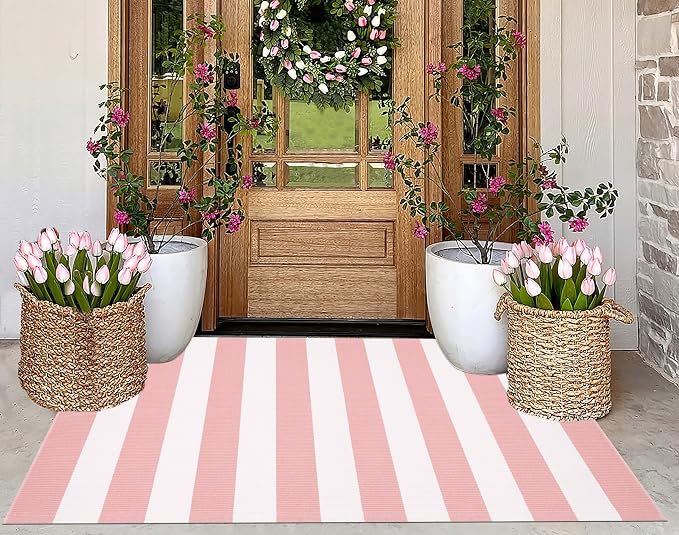 3'x5' Outdoor Rug, Washable Pink and White Striped Porch Rug Cotton Woven Farmhouse Front Door Mats for Porch/Entryway/Home Entrance Decor/Bedroom/Laundry Room/Patio/Front Door