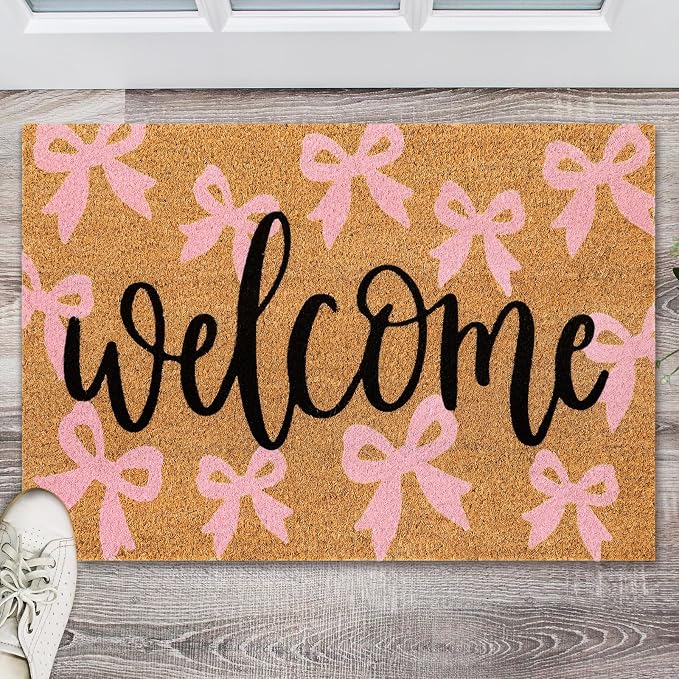 JarThenaAMCS Pink Bow Natural Coir Door Mat Cute Ribbon Bowknot Welcome Floor Mat Non-Slip Entrance Door Rugs for Indoor Outdoor Home Bathroom Decor, 16.5 x 29 Inch