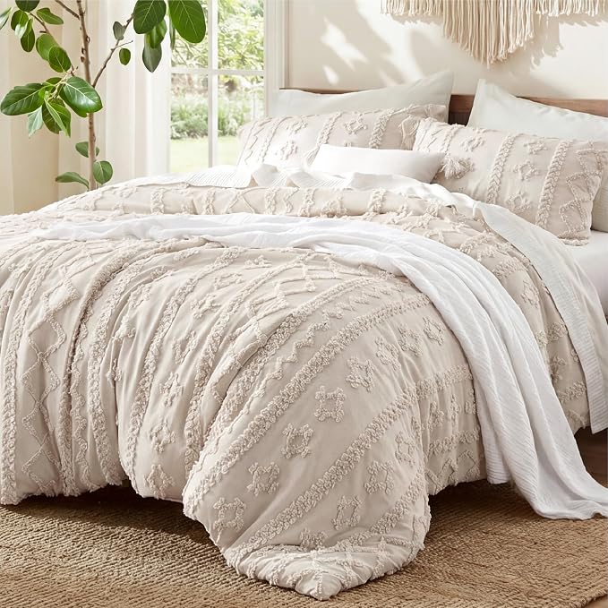 Bedsure Tufted Boho Comforter Set Twin Size - Ivory Boho Bed Set, GentleSoft™ 2 Pieces Farmhouse-Style Embroidery Bedding, Gifts for Woman, Soft Jacquard Twin Comforter for All Seasons