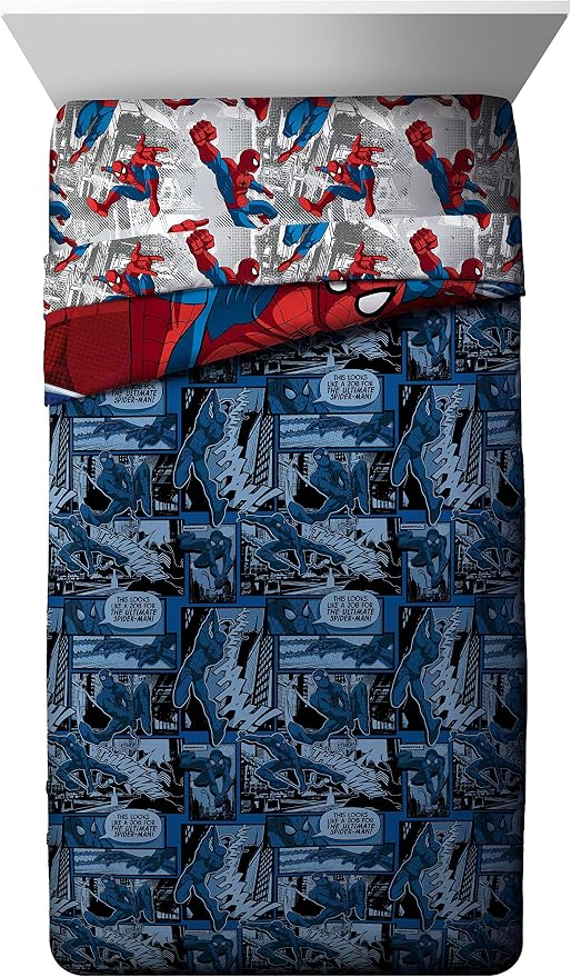 Marvel Spiderman Twin Comforter Set 4 Piece Kids Bedding for Boys, Multi | Bed in a Bag, Comforter Sheets Pillowcase, Official Product, Soft Microfiber, Machine Washable, Easy Care, Boys Gift