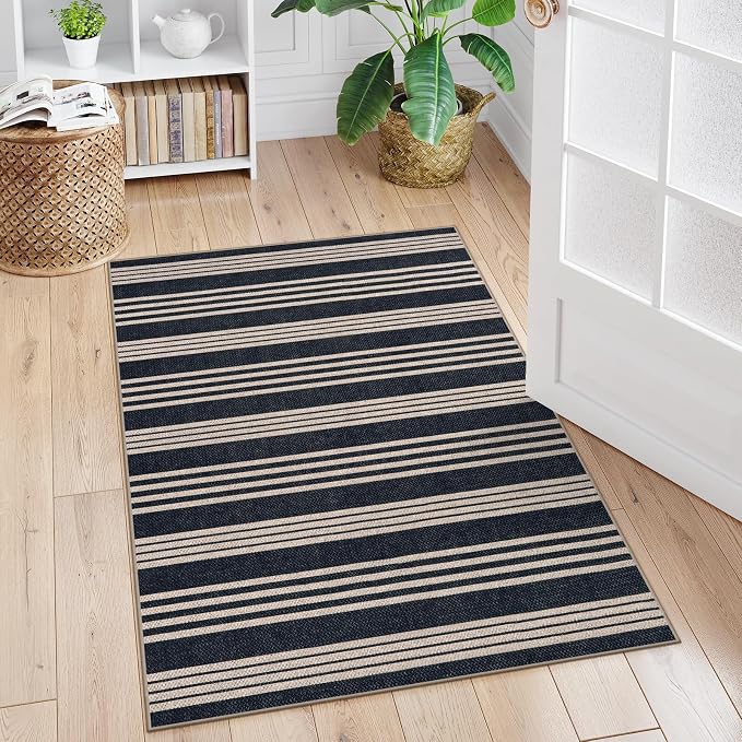 Lahome Striped Easy Jute 3x5 Outdoor Patio Rug, Washable Porch Entry Rugs | Indoor Black Area Rugs for Living Room, Modern Farmhouse Neutral Door Mat, Non Slip Carpet for Backyard Bedroom Kitchen
