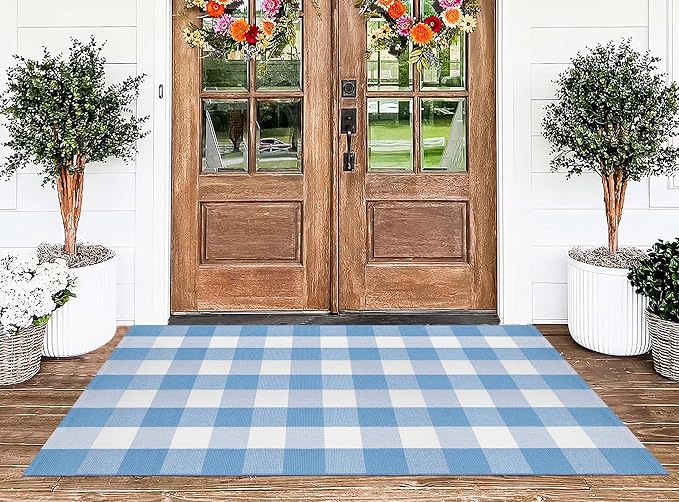 3'x5' Outdoor Rug,Light Blue and White Buffalo Checkered Porch Mat Farmhouse Washable Front Door Mat Outdoor for Hello Welcome Mat,Bedroom,Entryway,Patio
