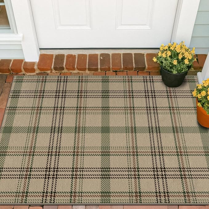 3x4 Entryway Door Mat Indoor – Washable Non Slip Small Rug for Front Door, Kitchen Sink, Mudroom, Garage Entry, Low Profile Easy Clean Farmhouse Plaid Floor Mat,Sage Decor