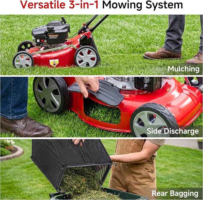 131cc Gas Lawn Mower, 18 Inch 3-in-1 Push Mower with Grass Bag | 3-in-1 Mulching, Rear Bag & Side Discharge; 50L Grass Catcher, Adjustable Cutting Height, Foldable Handle