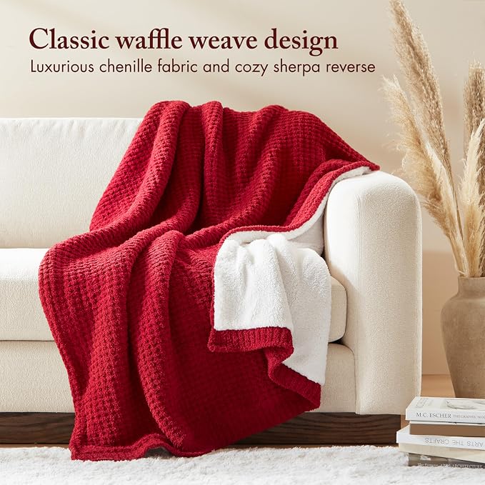 Madison Park Rowan Sherpa Throw Blanket Waffle Weave, 50 x 60, Red | Cozy Warmth for Sofa or Bed, Reversible, Lightweight, Farmhouse, OEKO-TEX Certified