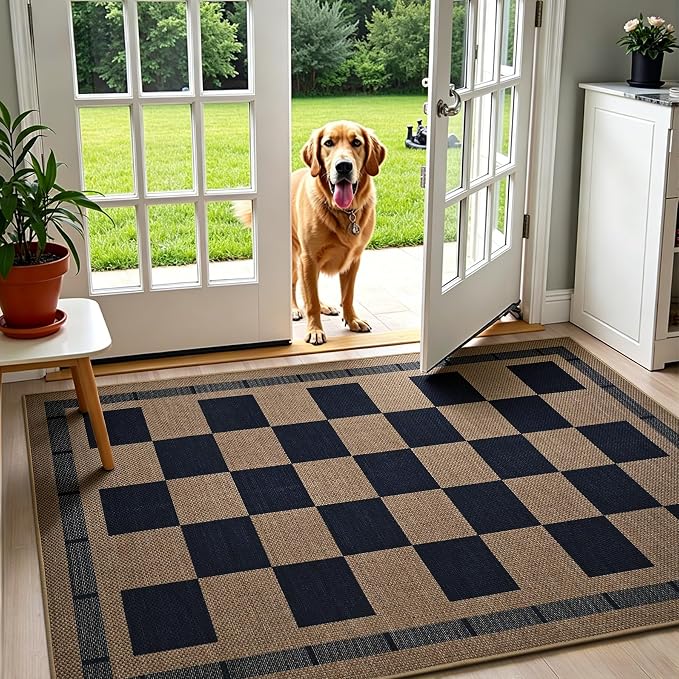 3x5 Outdoor Rug, Jute Checkered Rugs, Patio, Entryway, Balcony, Indoor Rug | Porch Plaid Carpets, Washable Bedroom Kitchen Carpet, Non Slip Farmhouse Neutral Laundry Office Floor Mat, Navy and Brown