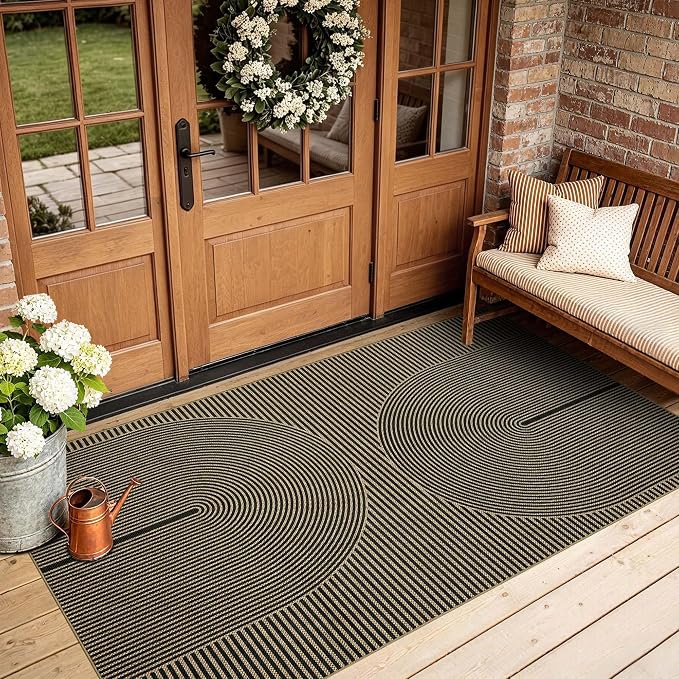 Non-Slip Jute Rug for Entryway: 3x5 Outdoor Mat - Black Curve Pattern | Safe Walking for Family All Day and Help with Cutting Slip Falls by 70%