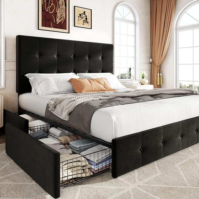 Allewie Upholstered Full Size Platform Bed Frame with 4 Storage Drawers and Adjustable Headboard, Square Button Tufted, Wooden Slats Support, Noise-Free, No Box Spring Needed, Easy Assembly, Black