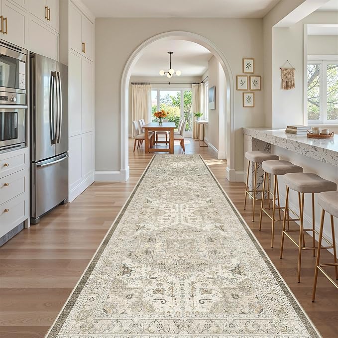 Madane Hallway Runner Rug 3x16 - Vintage Non Slip Washable 16ft Kitchen Runner for Entrance Soft Long Carpet Runners for Living Room Bathroom Low Pile Floor Mat for Bedroom Dining Room, Ivory/Brown