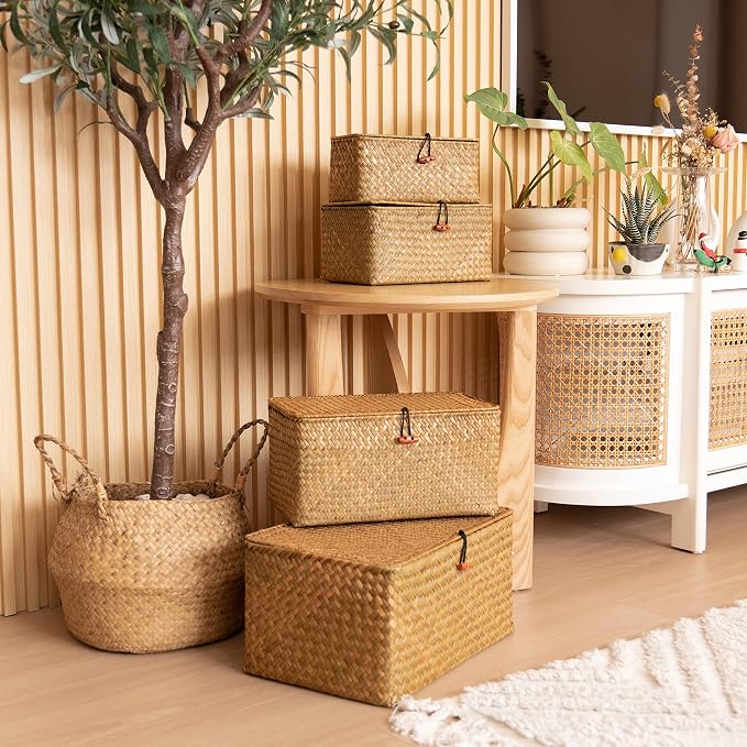 4 Pack, Wicker Baskets with Lids, Natural Seagrass Storage Baskets, Woven Rectangular Basket Bins, Rattan Storage Organizer for Shelf