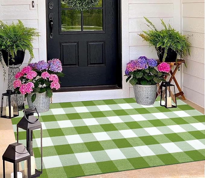 Front Porch Rug 3'x5'Checkered Green and White Outdoor Rug Farmhouse Layered Doormat Machine Washable Front Door Mat Outdoor for Hello Welcome Mat,Bedroom,Entryway,Patio