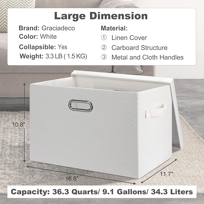 Storage Bins with Lids Fabric Closet Organizers Cubes Office Organization | 36 Quart 3 Pack White Collapsible Stackable Linen Fabric 4 Handles Bedroom Closet Cabinet Under Bed Clothes Toy Office File
