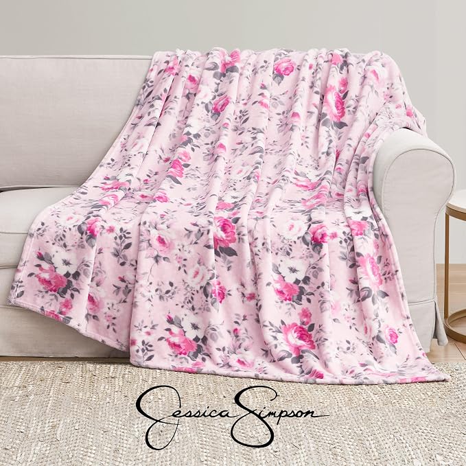 Jessica Simpson Oversized 60"X70" Plush Throw Blanket, Esther Blush Roses