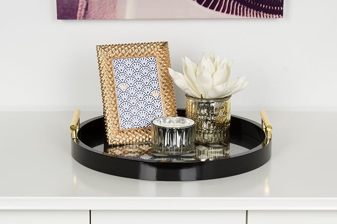 Kate and Laurel Caspen Round Cut Out Pattern Decorative Tray with Gold Metal Handles, Black