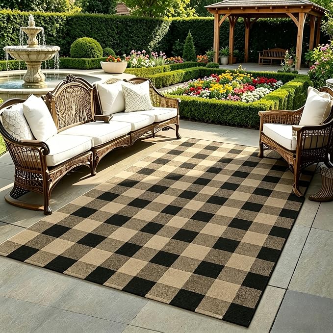 SEEKSEE Buffalo Plaid Rug 4' x 6' Coffee and Black Large Front Door Mat, Layering Area Rug, Washable Rug for Outdoor Patio Entryway Indoor Living Room Kitchen Dining Room Decor
