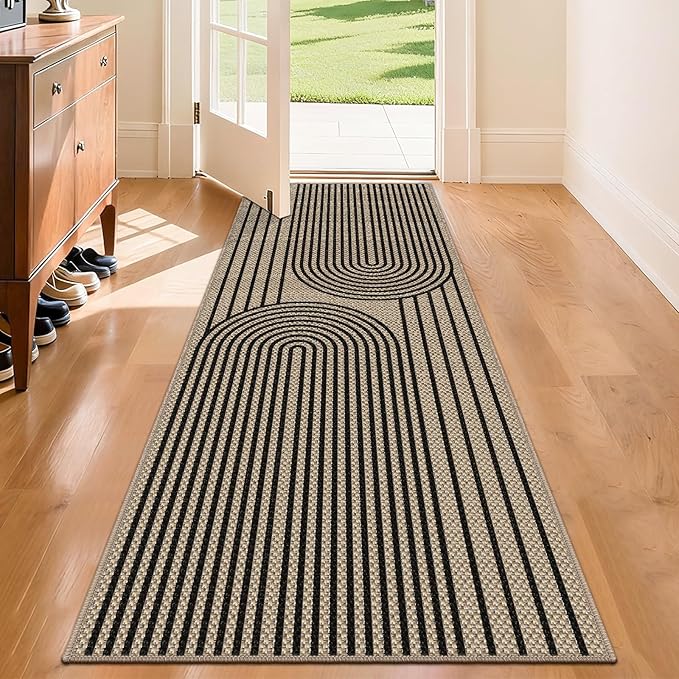 Faux Jute Hallway Runner Rug, 2' x 6' Kitchen Runner, Black Farmhouse Ultra-Thin Washable Non-Slip Carpet Runner for Laundry, Bedroom, Backyard, Outdoor, Home Decor