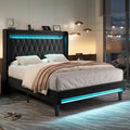 Allewie Full Size Upholstered Bed Frame with LED & Charging Station, Black | Customizable LED lights, charging station, tufted wingback headboard, noise-reducing support, and no box spring needed.