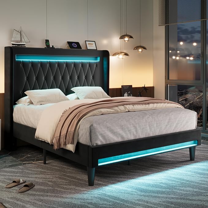 Allewie Full Size Upholstered Bed Frame with LED & Charging Station, Black | Customizable LED lights, charging station, tufted wingback headboard, noise-reducing support, and no box spring needed.