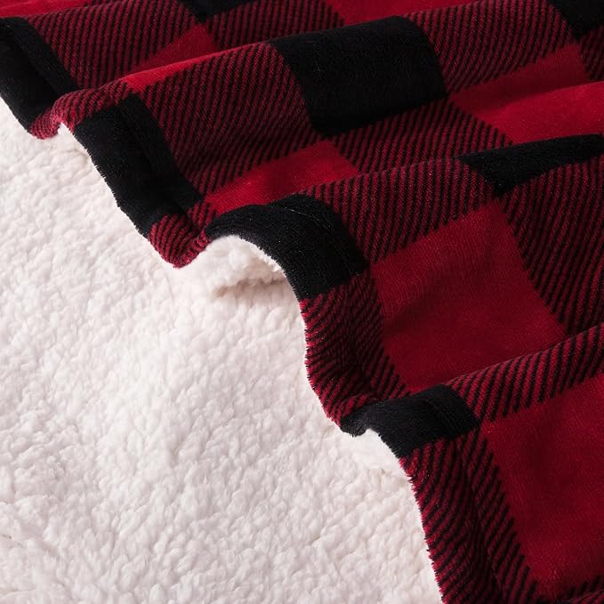 Elegant Comfort Luxury Ultra-Plush Velvet Touch Buffalo Plaid Fleece Throw - Soft, Warm, Cozy Micromink Sherpa-Backing Reversible Blanket for Bed, Sofa and Couch, Buffalo Burgundy