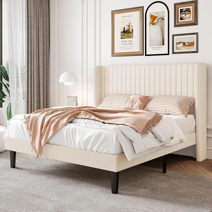 SHA CERLIN Queen Size Velvet Bed Frame, Tufted Wingback Headboard, Cream | 47'' Modern Vertical Channel Headboard, Upholstered Platform Bed, Wood Slats, No Box Spring Needed, Easy Assembly, Noise Free