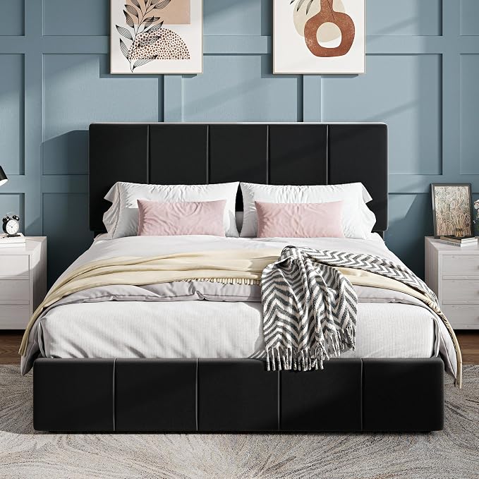 SHA CERLIN Full Size Bed Frame, Velvet Upholstered Platform Bed, Vertical Channel Tufted Adjustable Headboard, Low Profile Bed Frame, No Box Spring Needed, Easy Assembly, Black