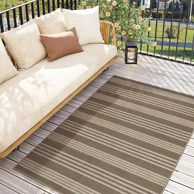 Lahome Striped Easy Jute Outdoor Patio Rug, 3x5 Washable Rugs for Porch | Indoor Living Room Area Rugs Non Slip, Modern Farmhouse Neutral Carpet for Entryway Backyard Bedroom Rv, Khaki
