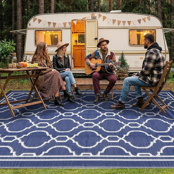 Garvee 9 x 12 Outdoor Rug Waterproof for Patio, Foldable Reversible Plastic Straw Area Rug, Large Mats for Camping, RV, Balcony, Deck, Picnic, Beach, Blue & White