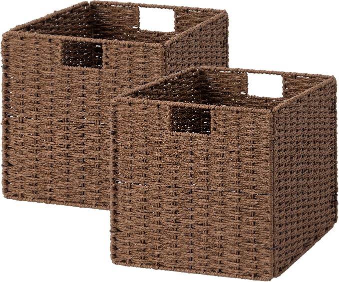 StorageWorks 13 inch Cube Storage Bins,Wicker Baskets for Storage,Brown | 2-Pack,Foldable Square Baskets,Wicker Storage Baskets for Organizing,Paper Rope Square Storage Cubes,Cube Storage Bins