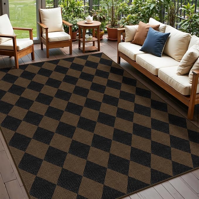 Rugalia Easy Jute 5x7 Outdoor Patio Rug, Washable Coffee Checkered Rugs for Living Room, Non-Slip Farmhouse Diamond Outdoor Mat Neutral Abstract Floor Carpet for Patio Dining Room Backyard