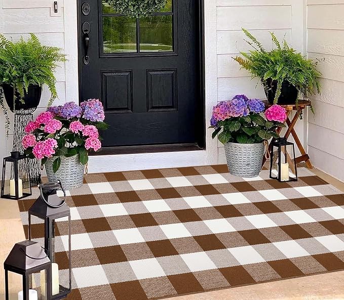 3'x5' Outdoor Rug,Coffee and White Buffalo Plaid Rug Farmhouse Front Porch Rug Machine Washable Front Door Mat Outdoor for Hello Welcome Mat,Bedroom,Entryway,Patio
