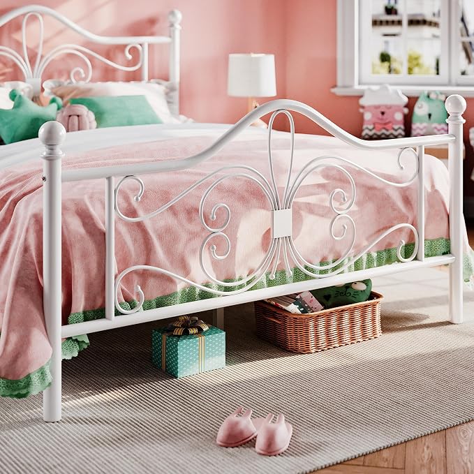 SHA CERLIN Queen Size Metal Bed Frame with Butterfly Headboard, White | Metal Platform Bed for Kids, Wrought Iron-Art Headboard/Footboard, Under-Bed Storage, No Box Spring Needed, Easy Assembly