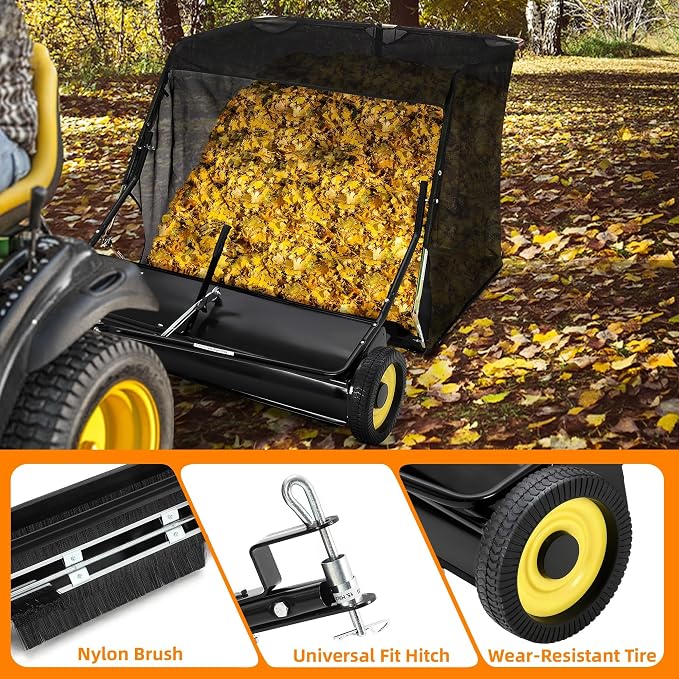 52-Inch Pull Behind Lawn Sweeper, Tow Behind Leaf & Grass Sweeper with Adjustable Brush Height, Large 26 Cu.ft. Hopper Bag, Folding Yard Sweeper for Lawn Tractor, Leaves, Grass Clippings & Debris
