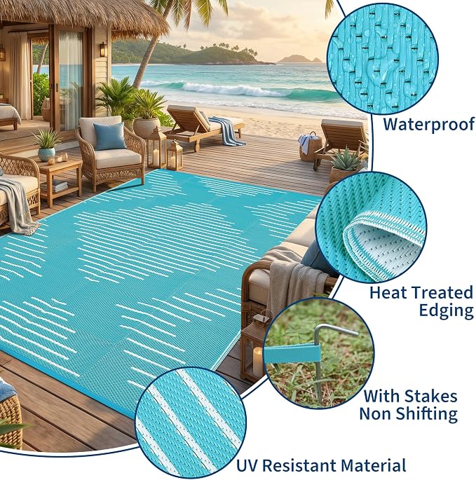 Garvee Area Rug 8x10 Waterproof Outdoor Rugs for Patio Plastic Reversible Rugs Easy-Cleaning Large Floor Mat for Outdoors Backyard Porch RV Beach Picnic Light Blue White