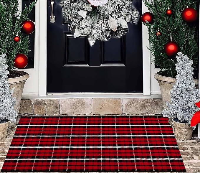 Christmas Outdoor Rugs 24 x 51''Black Red Buffalo Plaid Front Porch Rug Hand-Woven Machine Washable Indoor/Outdoor Layered Door Mats for Entryway/Bedroom/Outdoor