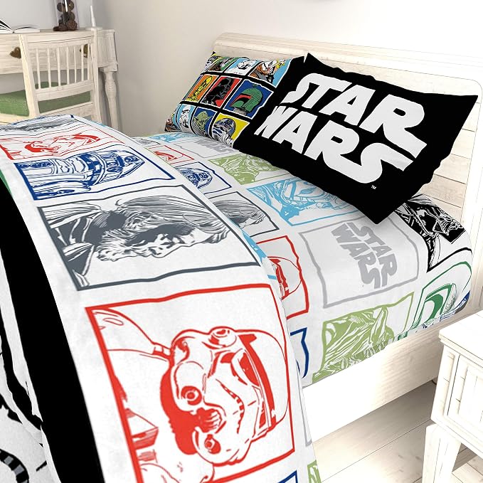 Jay Franco Kids Sheet Set with Fitted, Flat Sheets & Pillow Cover - Ultra-Soft Bedding with Pillowcase for Room Decor, Multi - Star Wars, 4 Piece Queen