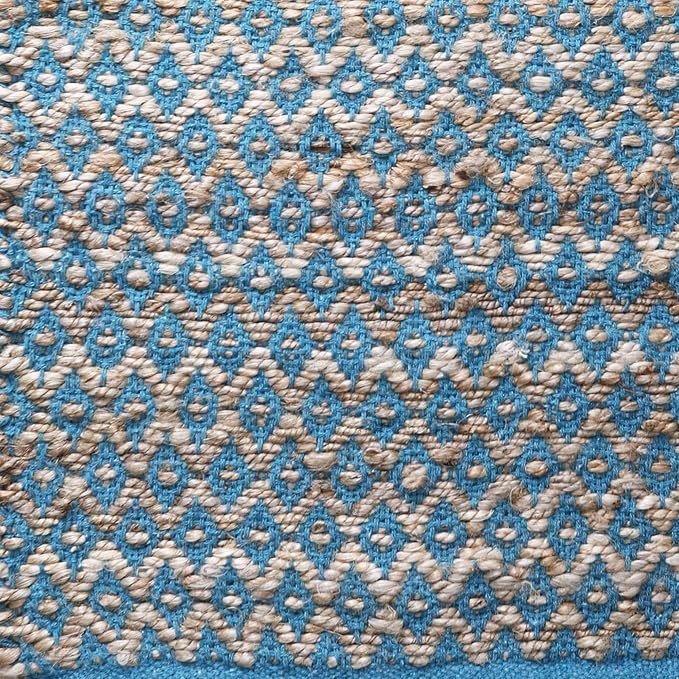 THE BEER VALLEY Jute Cotton Diamond Kitchen Rug 2x3 Feet - Natural Teal | Small Neutral Area Door mat for Entryway, Easy Clean Outdoor Indoor Boho Entry Rugs