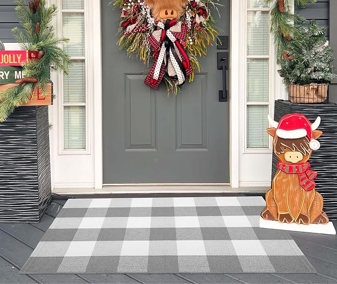 Buffalo Plaid Rug 24''x35''Grey and White Checkered Mat Cotton Machine Washable Carpet Layering Rug for Hello/Welcome Door Mat Front Porch, Kitchen, Farmhouse, Entryway,Bathroom